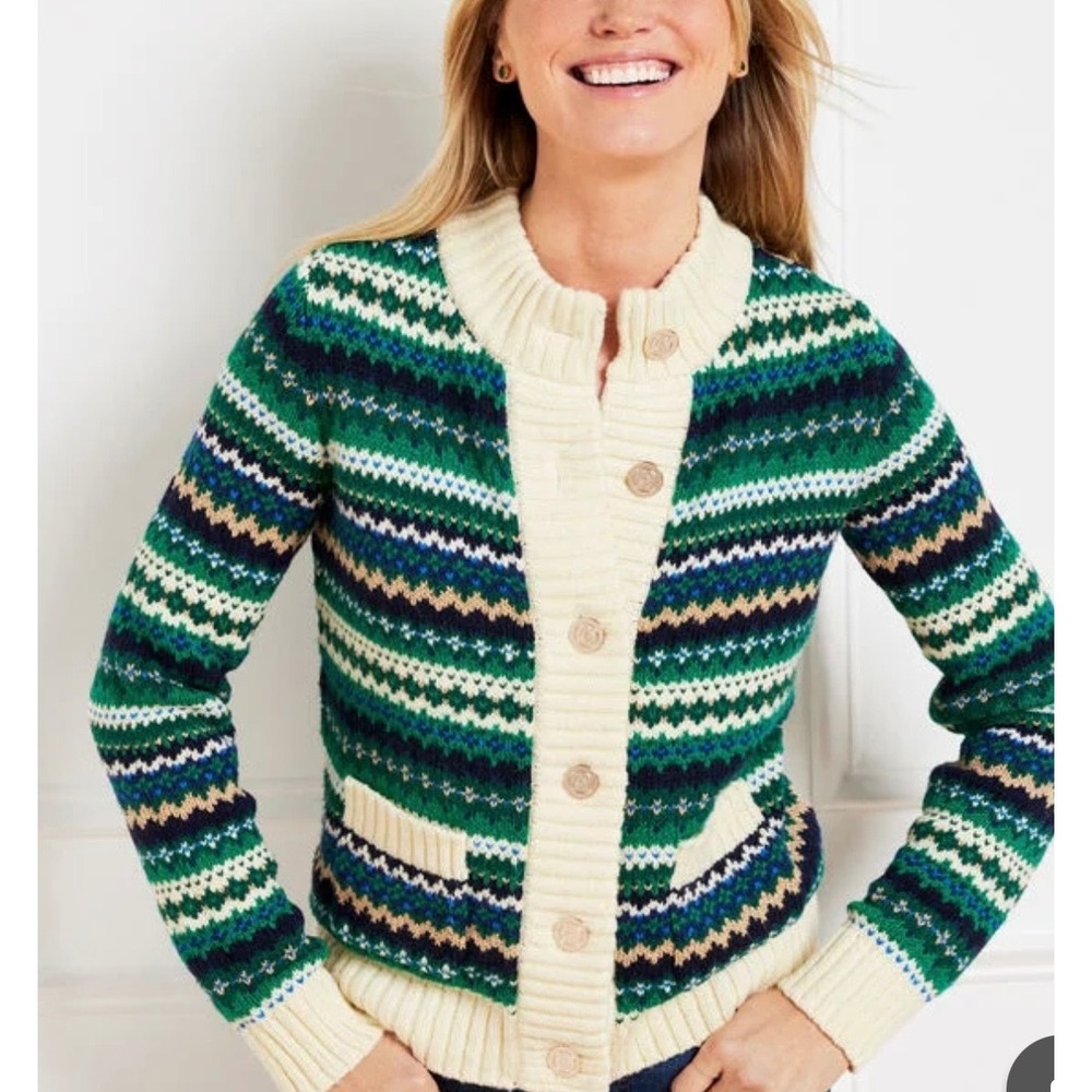 Talbots METALLIC MOCKNECK SWEATER
FAIR ISLE Women's L Cream Green Cardigan New